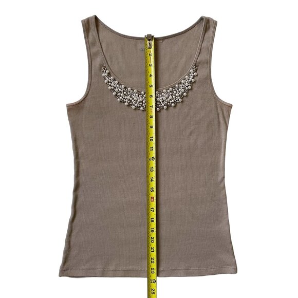 Embellished Rib Knit Cotton Tank Top — Taupe Stone Neutral Scoop Neck Size M - Picture 6 of 10